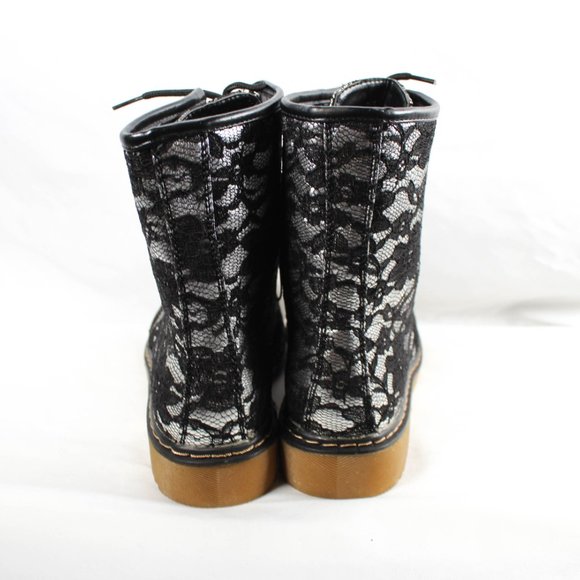 Rare Y2K Silver Metallic Foil Black Lace Combat Boots Size 10 - Picture 4 of 8